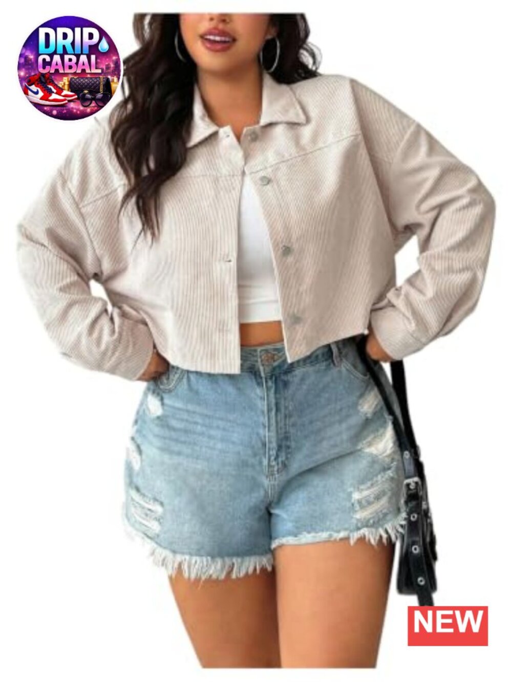 Plus Size Corduroy Cropped Shacket Collared Button Front Long Sleeve